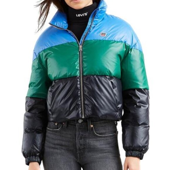LEVI'S® CROPPED PUFFER JACKET (size Large) BLUE/GREEN/BLACK - Picture 2 of 3